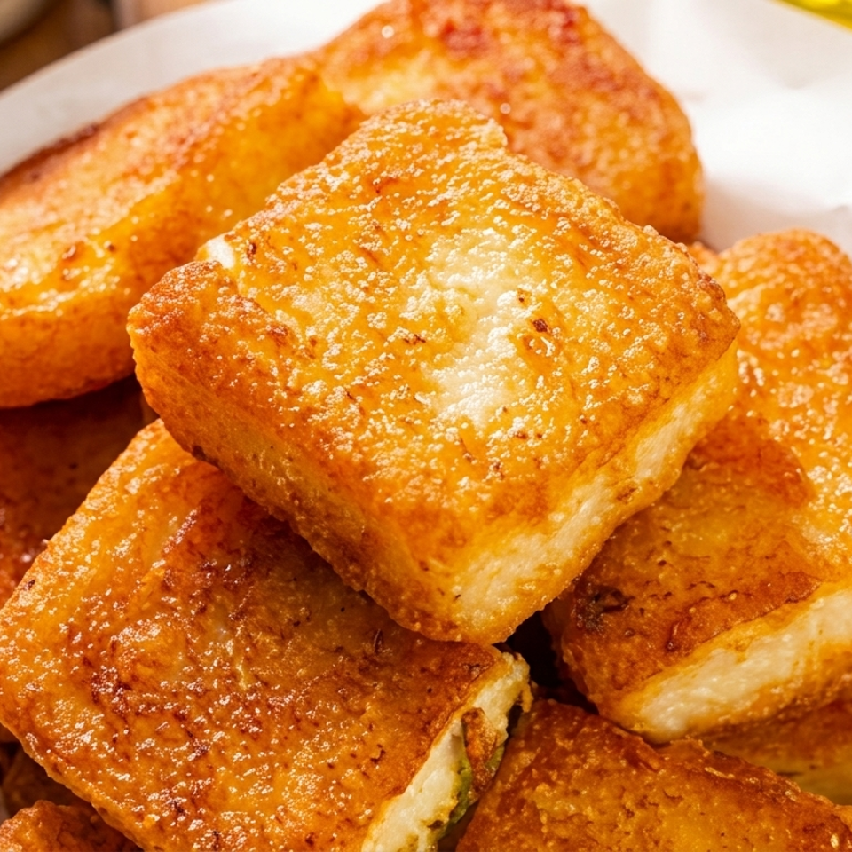 Golden-brown fried tofu squares, some with green filling, in a woven basket lined with white paper.