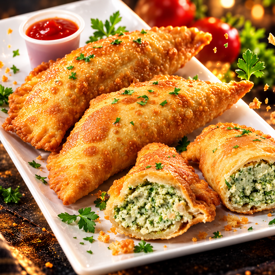 Golden fried pastries filled with creamy herbs sit on a white platter alongside red dipping sauce and parsley garnish.