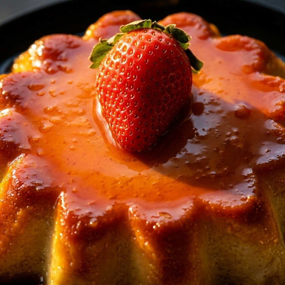 Flan dessert with caramel sauce and a fresh strawberry on top, served on a black plate.