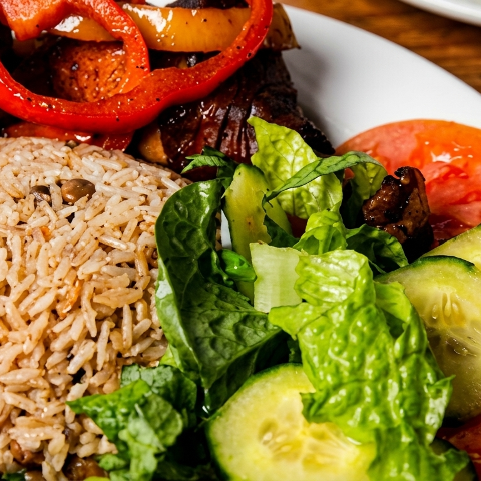 Close-up of a plate with rice and peas, red bell peppers, and a fresh green salad.