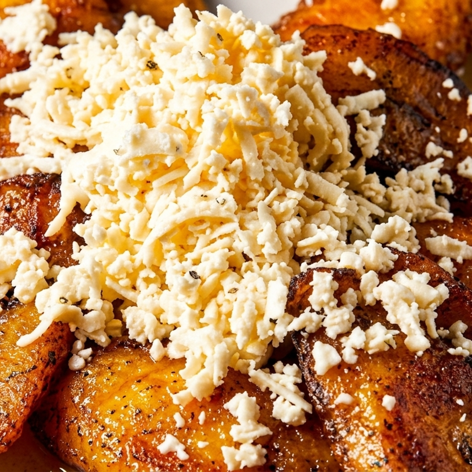 Close-up of golden-brown fried plantains topped with a generous mound of crumbled white cheese.