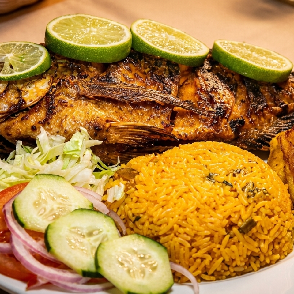 Whole grilled fish with lime slices, yellow rice, fried plantains, and a side salad.