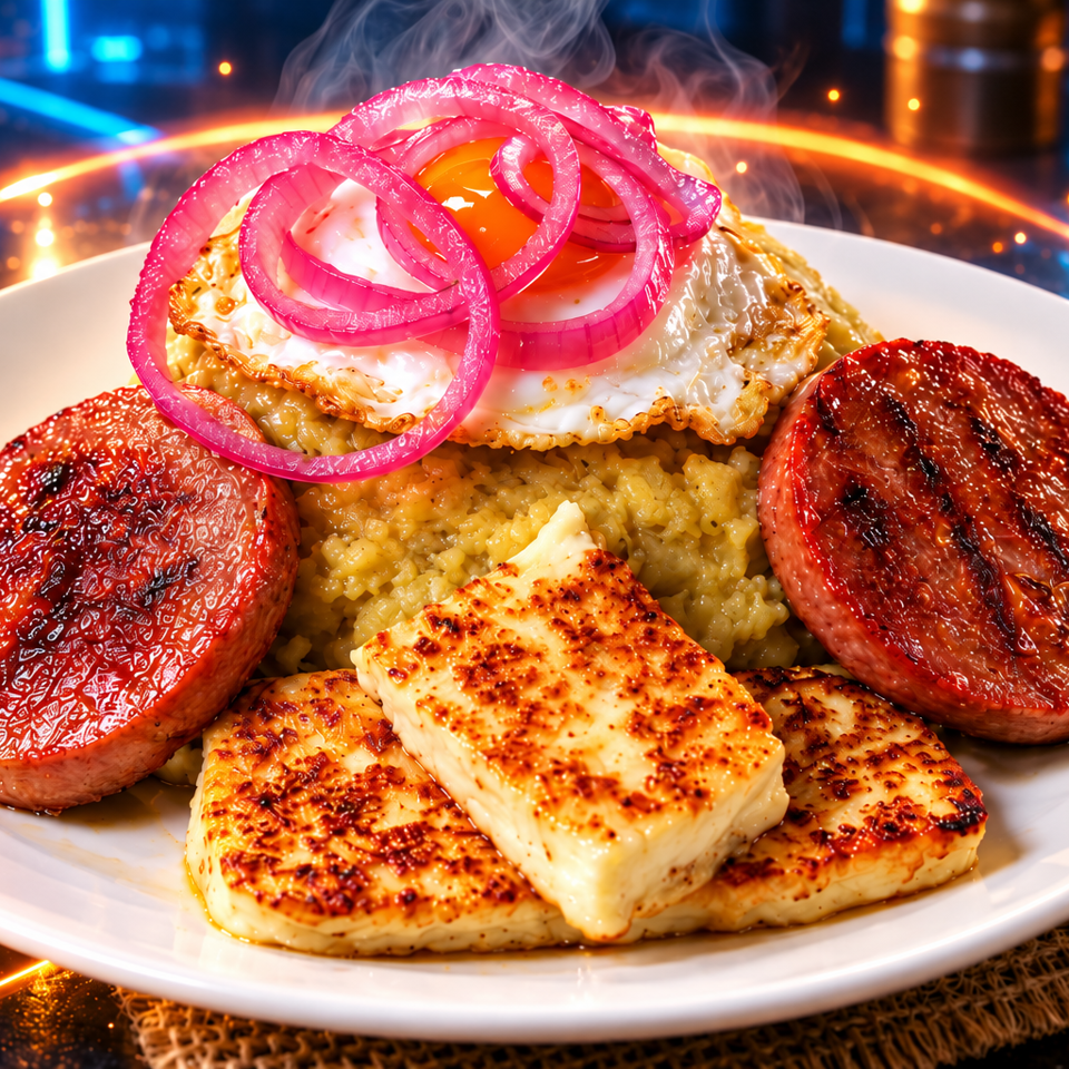 Grilled meat patties, rice, fried eggs with pickled onions, and seared cheese arranged on a white plate.