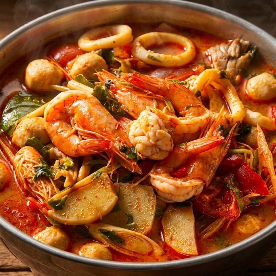 Steaming bowl of Tom Yum soup with shrimp, squid, fish balls, and vegetables on a wooden table.