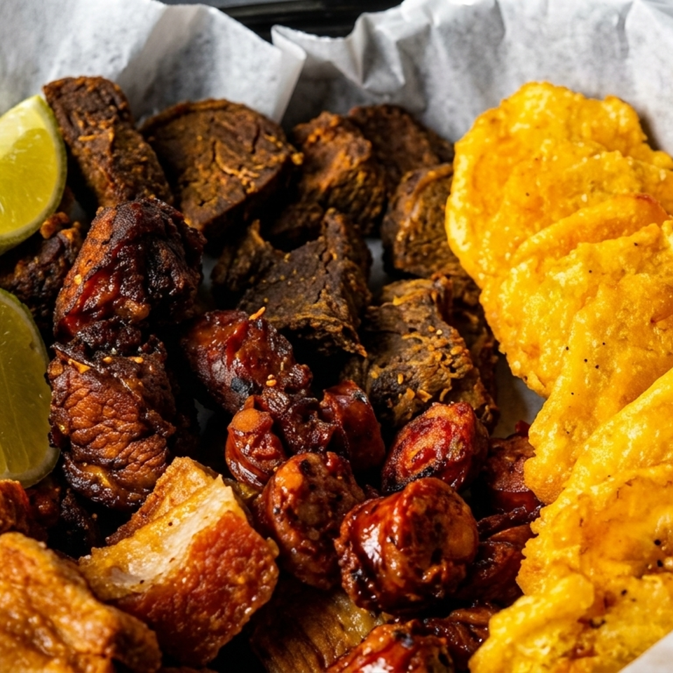 Assortment of fried meats and plantain chips with lime wedges in a black basket.